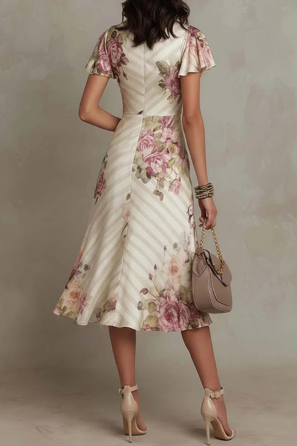 Floral Print V-neck Ruffled Sleeves Waist-cinching Pleated Elegant Midi Dress | Consonak