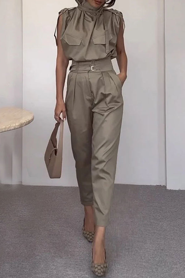Statement Breast Pocket High Neck Top and Side Pocket Belt Long Pant Set-consonak