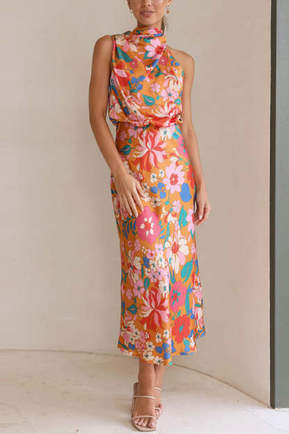 Fascinating Day Floral Halter Neck Elastic Waist Maxi Dress-consonak