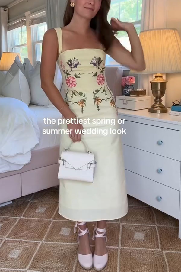 Artistically Crafted Symmetrical Floral Print Square Neck Pencil Midi Dress