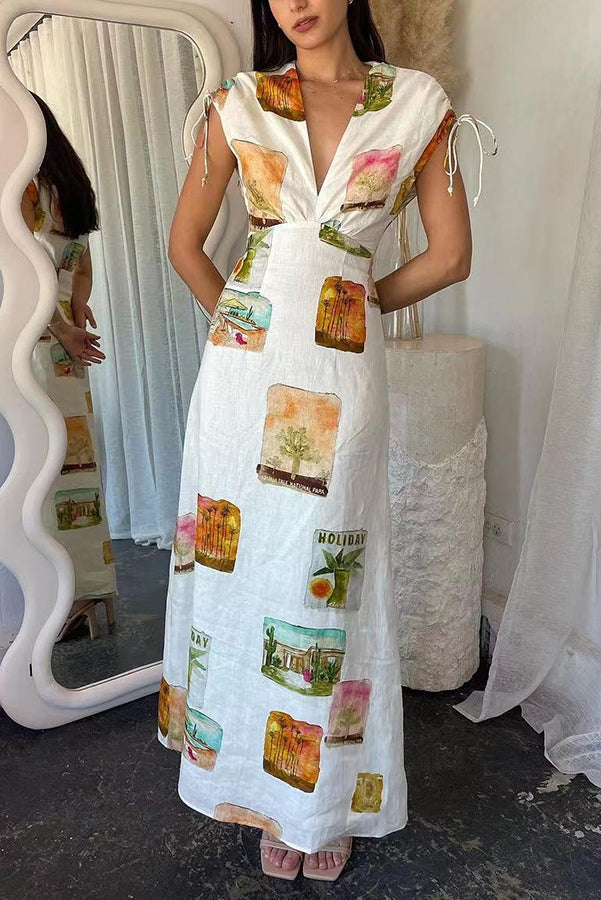 Art Summer Linen Blend Unique Print Drawstring Shoulder Loose Maxi Dress-consonak