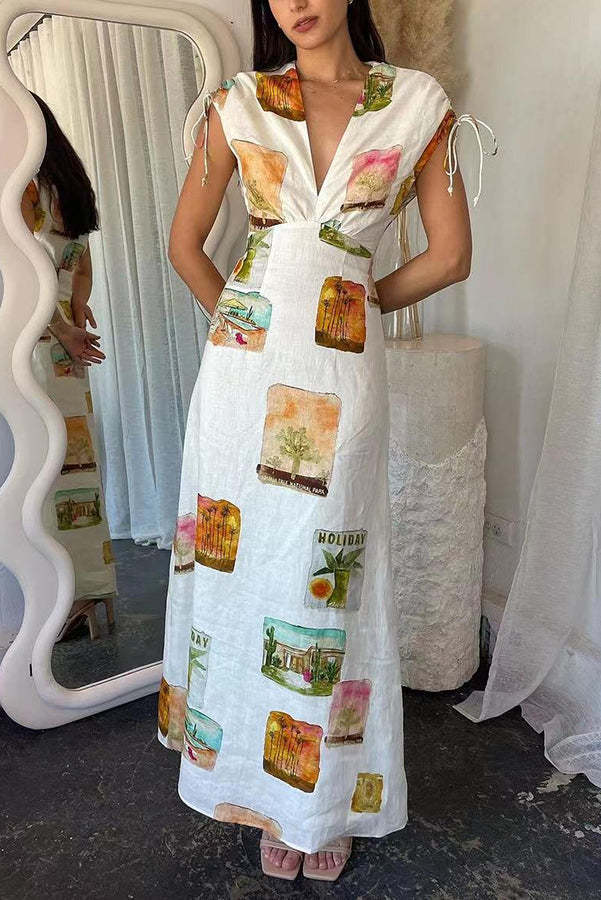 Art Summer Linen Blend Unique Print Drawstring Shoulder Loose Maxi Dress-consonak