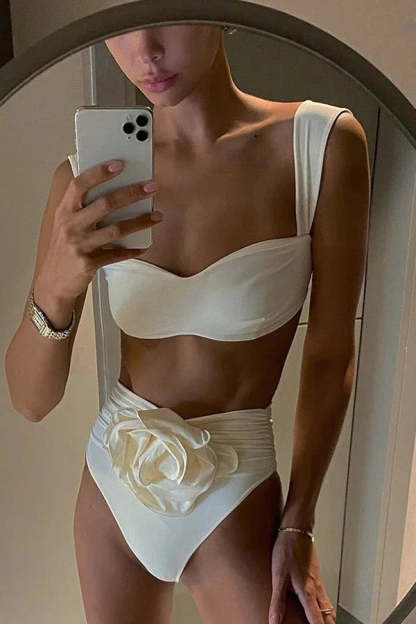 Solid Color Square Neck High Waist 3D Floral Stretch Bikini Swimsuit-consonak