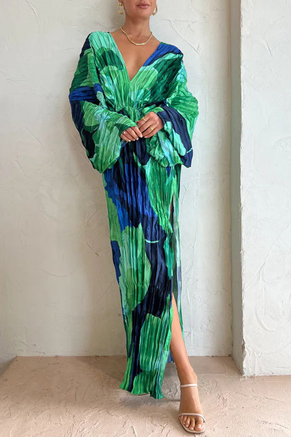 Tropical Oasis Capri Print Kimono Sleeve Pleated Cocoon Maxi Dress | Consonak