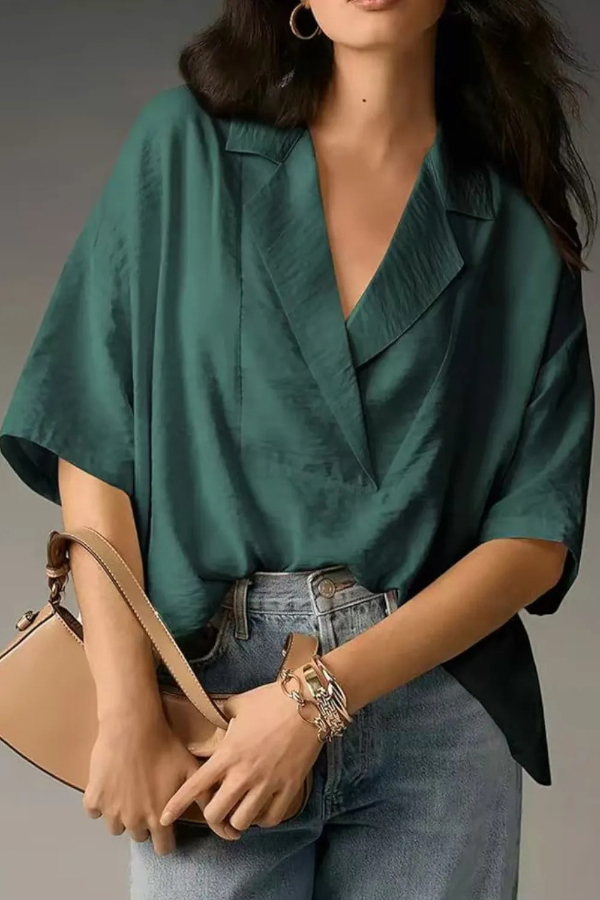 Solid Color Loose Lapel Short-sleeved Casual Shirt-consonak