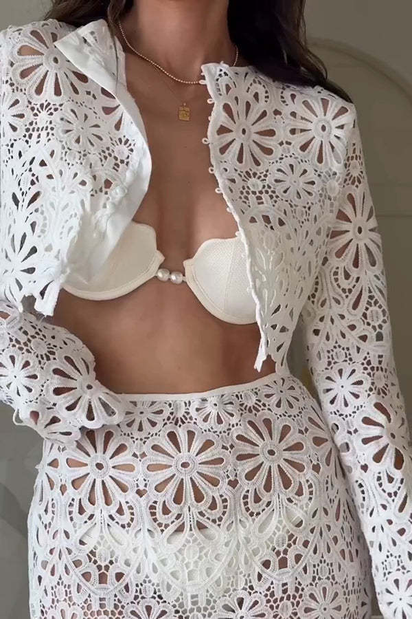 Balmy Summers Crochet Lace Floral Pattern Long Sleeve Crop Vacation Top-consonak