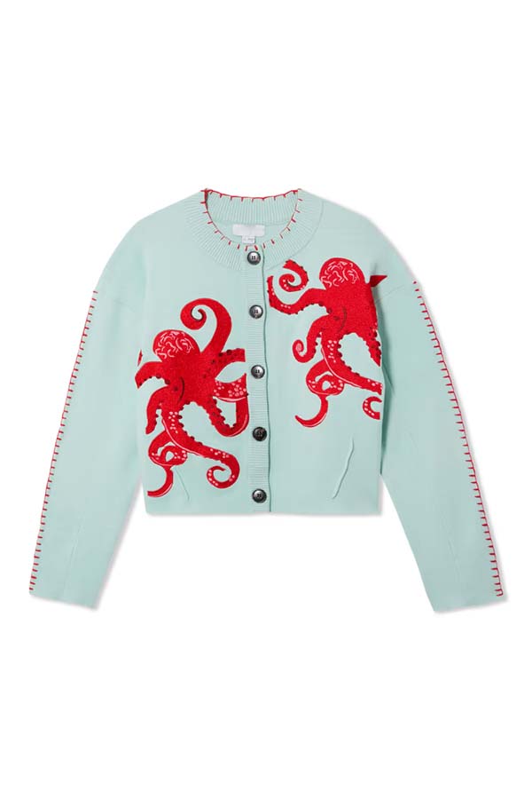 Coastal Fashion Knit Octopus Graphic Contrast Piping Button Up Loose Cardigan | Consonak