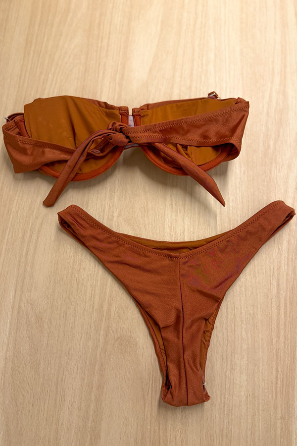 Beaded Shoulder Strap Back Tie-up Elastic Bikini and Metal Detail Warp Cover-up Mini Dress Three-piece Set