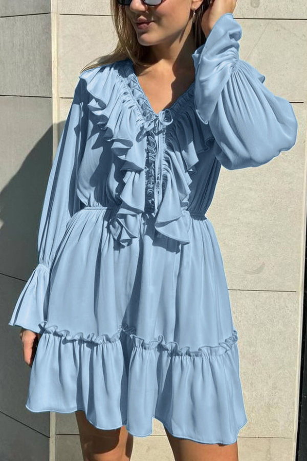 Solid Color V-neck Ruffled Ruched Long-sleeved Vacation Mini Dress | Consonak