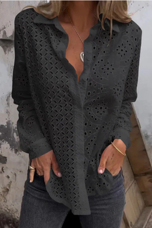 Solid Color Cutout Long-sleeved Loose Button-down Shirt-consonak