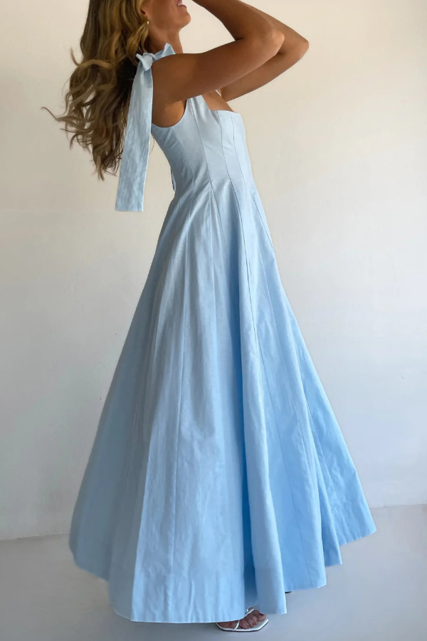 Solid Color Sleeveless Tie-up Suspender Elegant Patchwork Maxi Dress-consonak