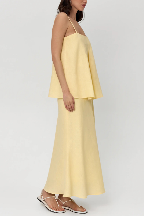 Linen Blend Loose Square Neck Camisole Top and Elegant Resort Maxi Skirt Set-consonak