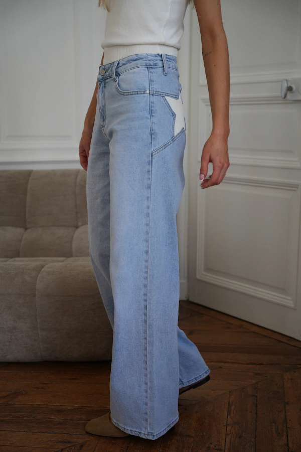 Stylish Denim Colorblock Star Patterned Mid Waist Pocket Wide Leg Jeans