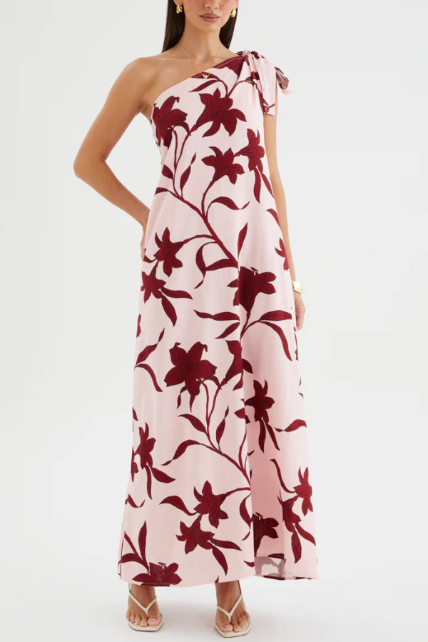 Botanical Print Sleeveless One-shoulder Tie-up Casual Vacation Maxi Dress-consonak