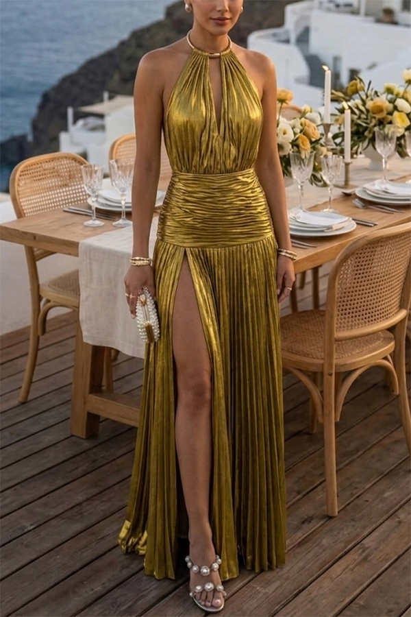 Faelina Metallic Pleated Fabric Metal Rings Halter Backless Slit Maxi Dress | Consonak