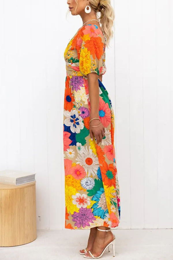 Floral Frenzy Printed Puff Sleeve Back Smocked Maxi Dress-consonak
