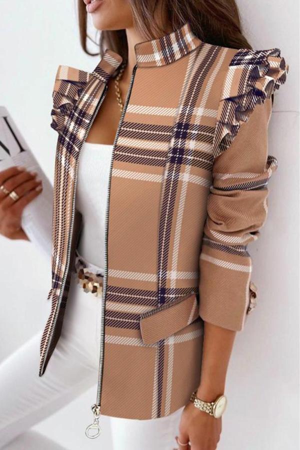 Melrose Plaid Print Ruffles Sleeve Zipper Up Coat-consonak