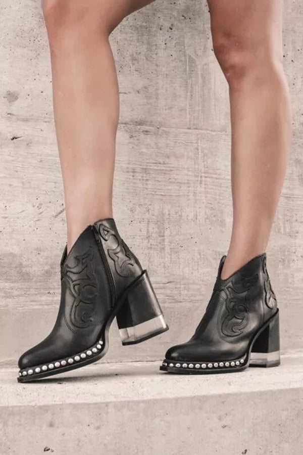 Stylish Embroidered Rivet Welt Acrylic Crystal High Heel Boots | Consonak