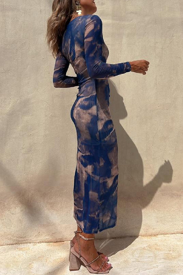 Charm Lady Mesh Overlay Tie Dye Print Long Sleeve Ruched Stretch Midi Dress-consonak
