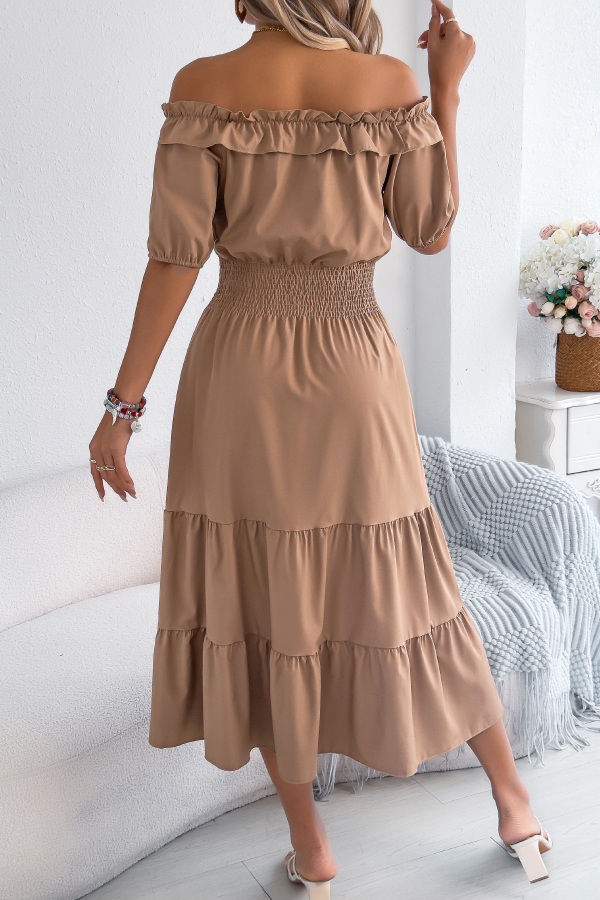 Stylish Off-shoulder Short-sleeved Pleated Waist Casual Midi Dress-consonak