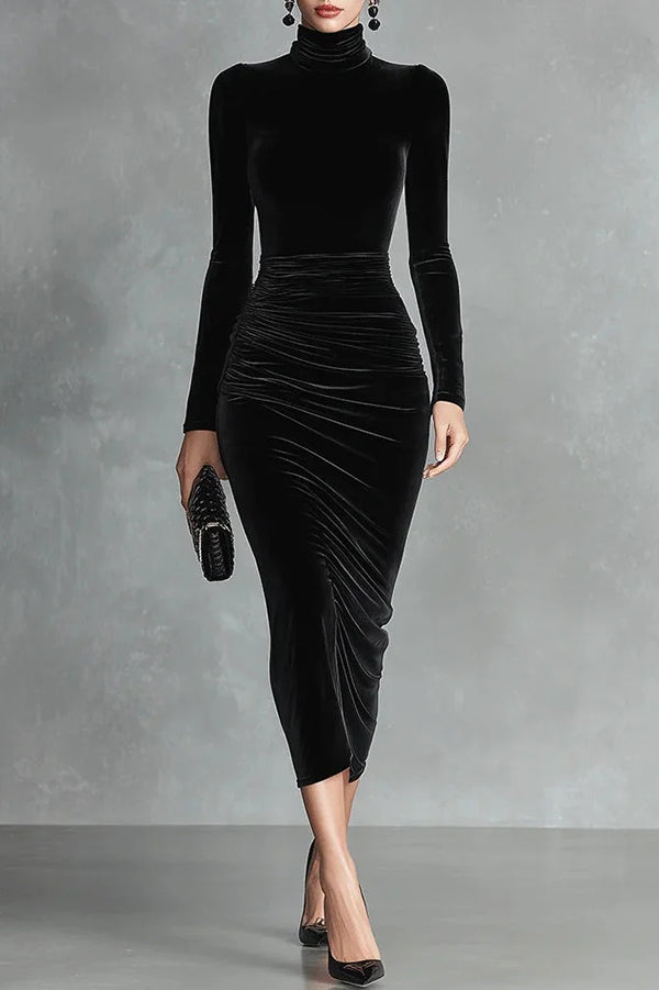 Solid Color Velvet Slim-fit Long-sleeved Elegant Pleated Midi Dress-consonak