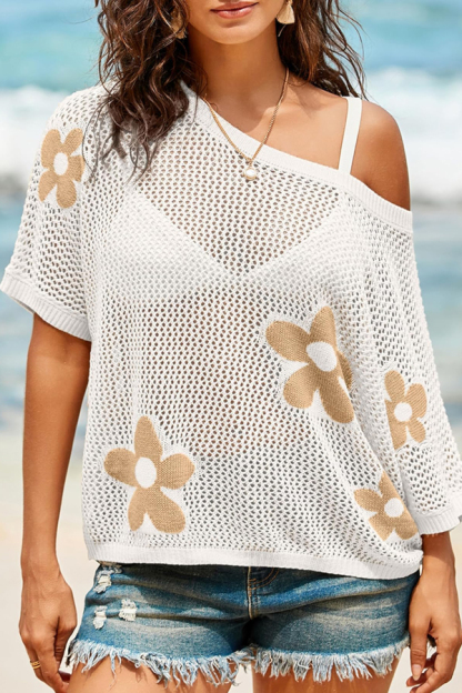 Floral Jacquard Loose-fitting Round Neck Short-sleeved Casual Knitted Cover-up-consonak