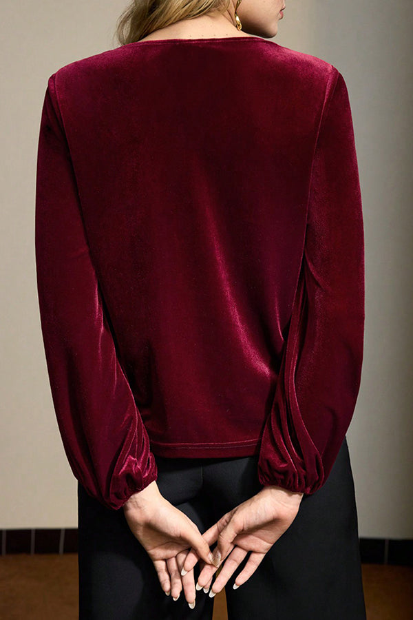 Fashionable Velvet Pleated Long-sleeved Knotted Casual Top-consonak