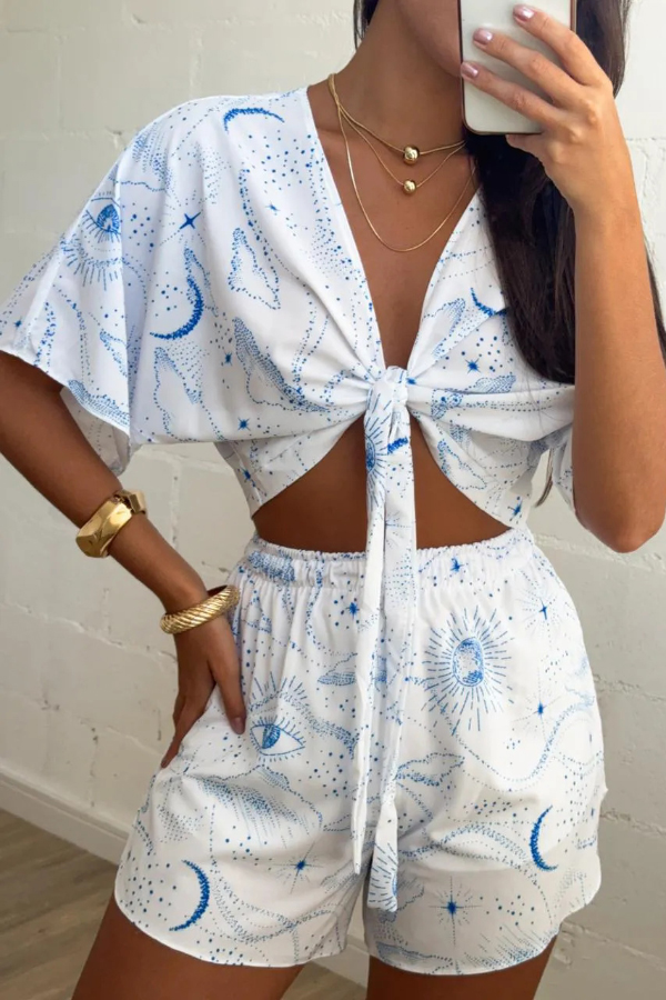 Unique Printed V-neck Short-sleeved Tie-front Top and Elastic Waist Casual Shorts Set