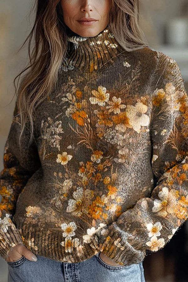 Floral Pattern High-Neck Long-Sleeved Loose Sweatshirt | Consonak