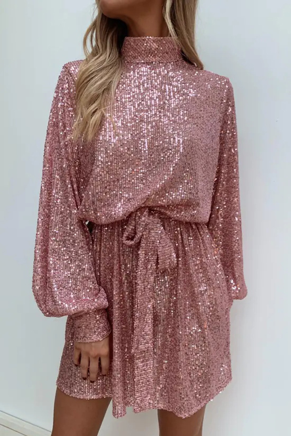 Fashionable Sequined Long-sleeved Belted Casual Mini Dress-consonak