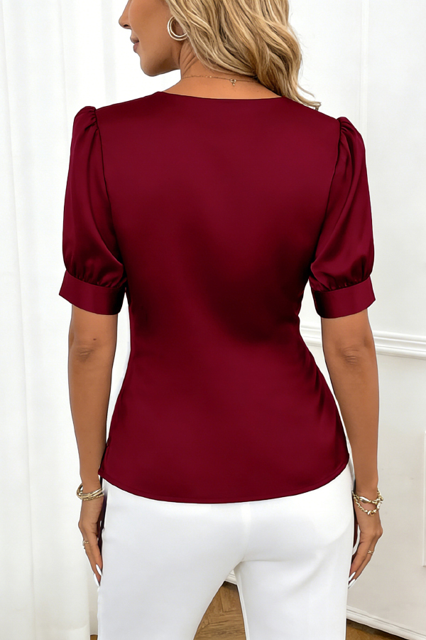 Solid Color Satin V-neck Short-sleeved Casual Top