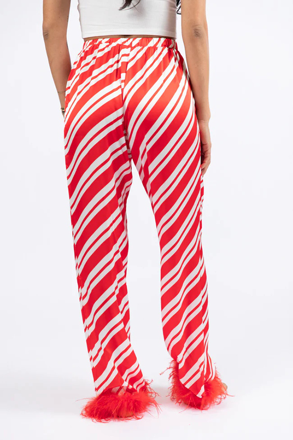 Christmas Party Striped Print Pocket Feather Elastic Waist Pajama Set-consonak