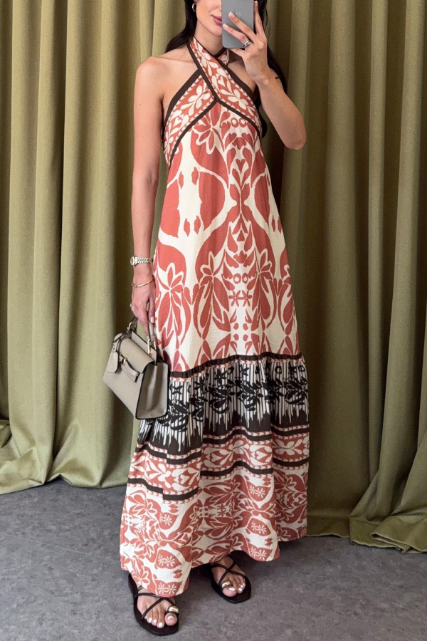 Bohemian Style Unique Print Halter Neck Casual Vacation Maxi Dress