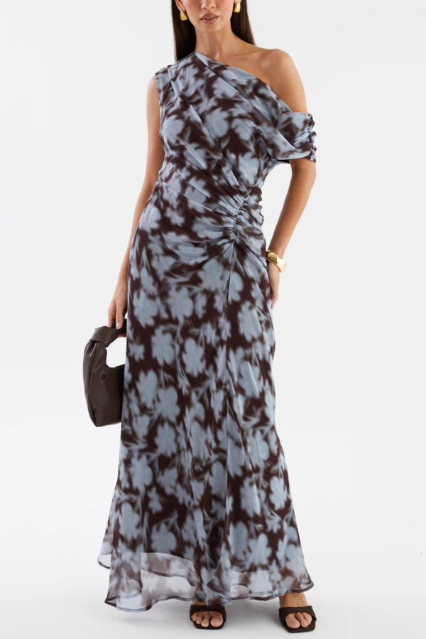 Unique Print Asymmetrical Off-Shoulder Pleated Waist Casual Maxi Dress