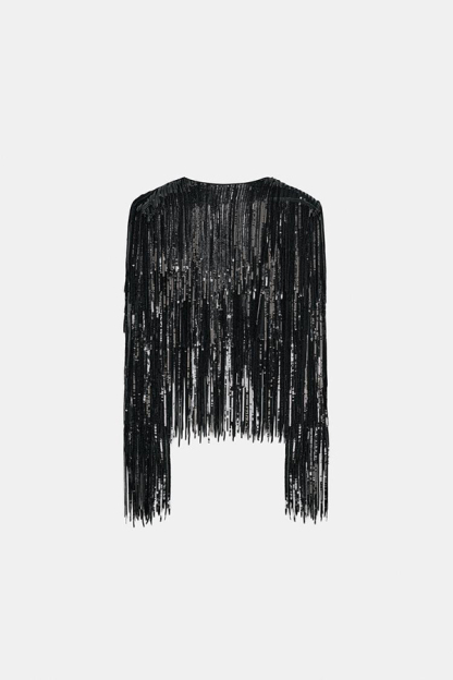 Party Crasher Layered Sequined Tassels Long Sleeve Loose Jacket-consonak