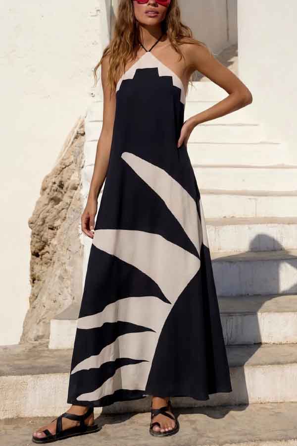 Stylish Color-blocked Print Halter Neck Backless Casual Vacation Maxi Dress | Consonak