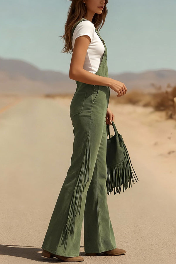Stylish Suede Tassel Button Pocket Casual Wide-leg Overalls-consonak