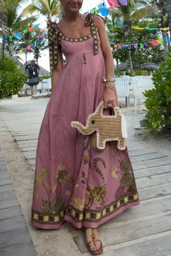 Linen Blend Unique Printed Tie-up Suspenders Pocket Elegant  Vacation Maxi Dress