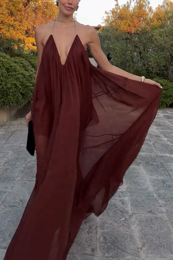 Flowing Lightweight Chiffon Chain Halter Neck Detail Backless A-line Maxi Dress | Consonak