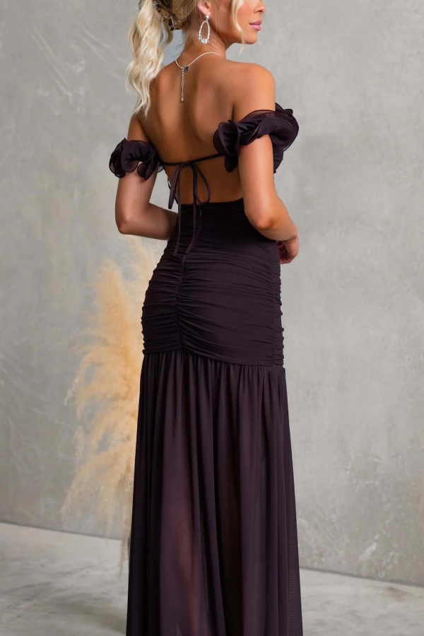 Solid Color Off-shoulder Pleated Backless Slim-fit Elegant Mesh Maxi Dress
