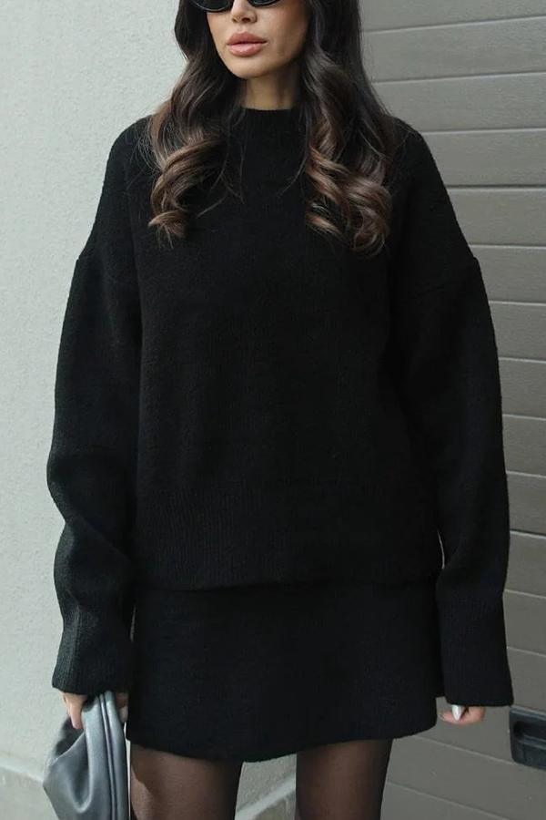 Solid Color Casual Preppy Knit Top and Knit Stretch Mini Skirt Set-consonak