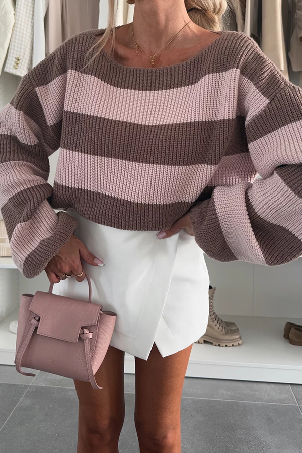 Fashion Striped Loose Long-sleeved Crew Neck Knitted Sweater-consonak