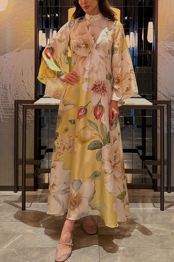Serene Refinement Color-block Floral High Neck Long Sleeve Fluid Kaftan Maxi Dress