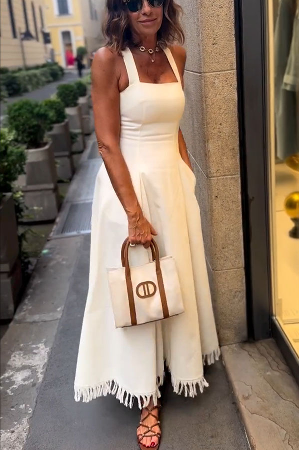 Viki Linen Blend Square Neck Wide Strap Side Button Pocket Tassel Trim Midi Dress-consonak