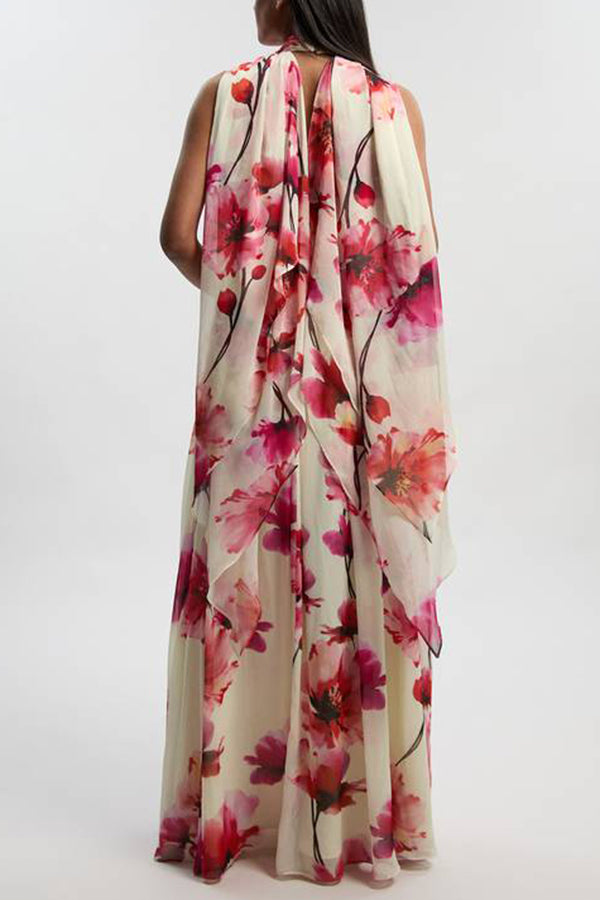 Blooming Petals Chiffon Floral Print Crinkle Cross Front Drape Ruffles Scarf Maxi Dress-consonak
