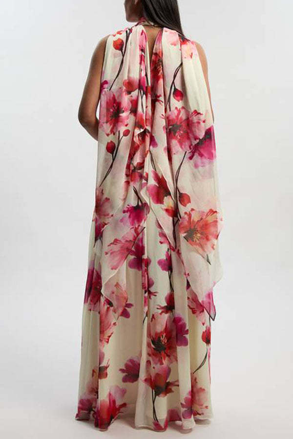 Blooming Petals Chiffon Floral Print Crinkle Cross Front Drape Ruffles Scarf Maxi Dress