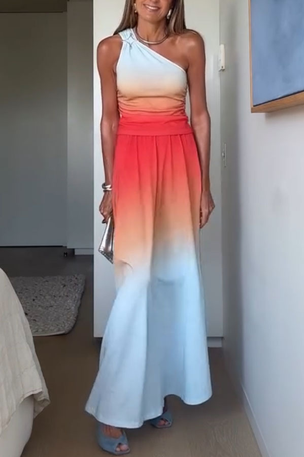 Ocean Sunset Ombré Print Starburst Brooch One Shoulder Tank and Elasti