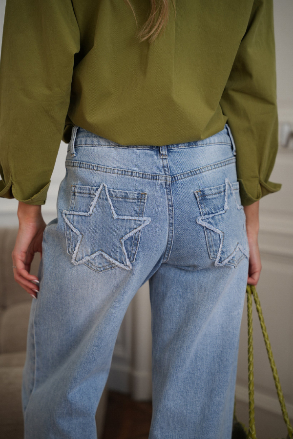 Stylish Denim Colorblock Star Patterned Mid Waist Pocket Wide Leg Jeans