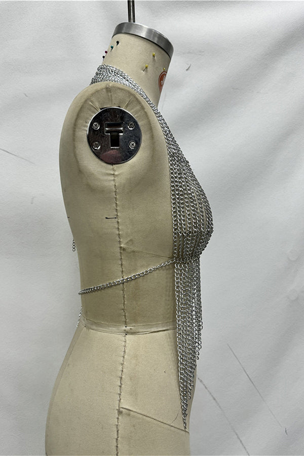 Silver Chainmail Tassel Halter Top Body Chain-Consonak