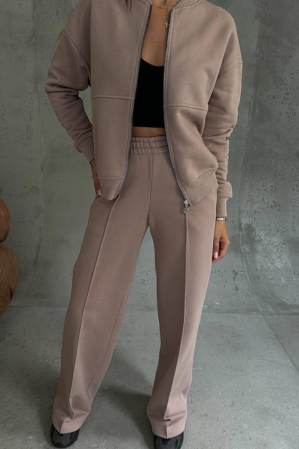 Solid Color Casual Long Sleeve Zipper Jacket and Elastic Waist Pocket Wide Leg Pants Set-consonak